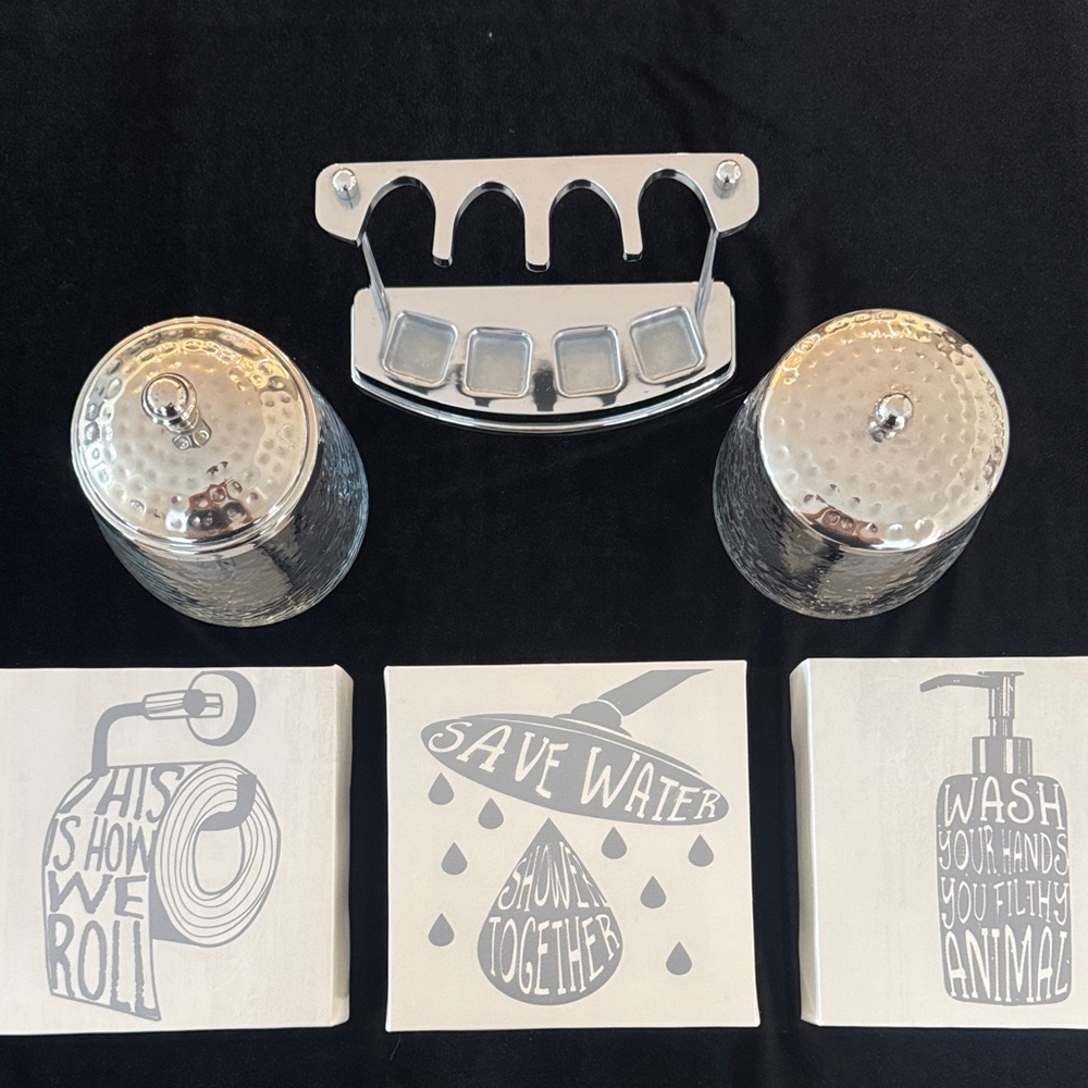 Silver Bath Accessory Set and Wall Art